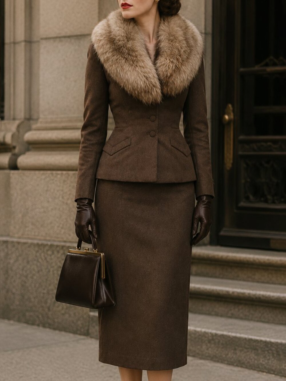1950s Dan Millstein Blin & Blin French Wool Skirt Suit Fur Collar